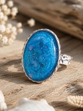 Handmade Ocean Blue Statement Ring | Adjustable Silver Tone Ring | Coastal Boho